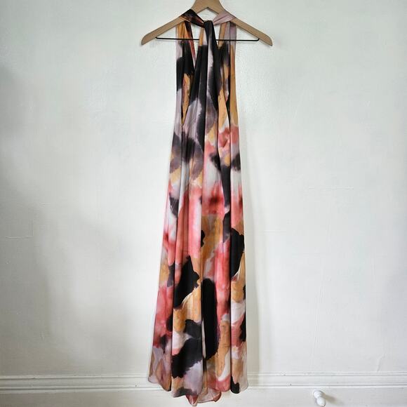 NEW Edition Asos Watercolor Print Satin Halter Maxi Dress 4‎ Pink Black Tan NWT - Picture 4 of 13